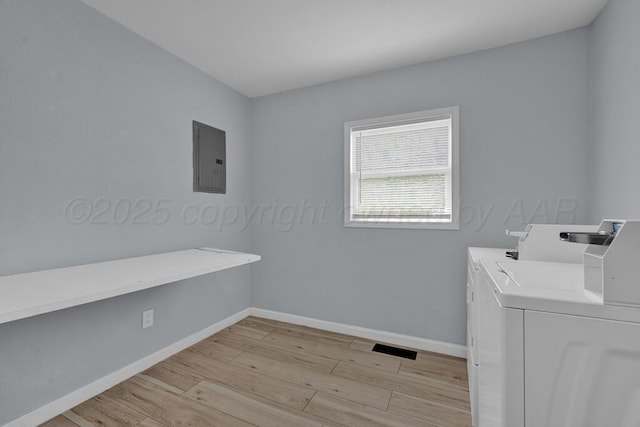 912 W Bonita Ave, Amarillo, TX 79108 - common laundry area with light wood-style floors, baseboards, electric panel, and independent washer and dryer