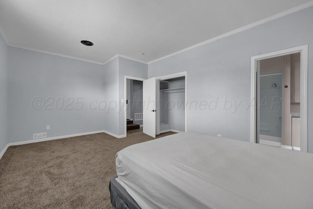912 W Bonita Ave, Amarillo, TX 79108 - bedroom with crown molding, visible vents, a closet, baseboards, and carpet flooring