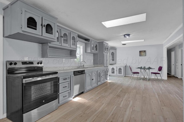 912 W Bonita Ave, Amarillo, TX 79108 - kitchen with a skylight, appliances with stainless steel finishes, light wood-type flooring, gray cabinetry, and light countertops