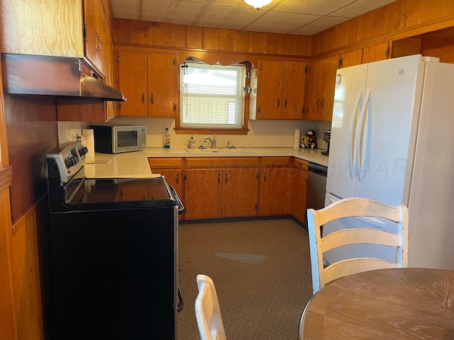 kitchen featuring a sink, brown cabinetry, under cabinet range hood, and stainless steel appliances