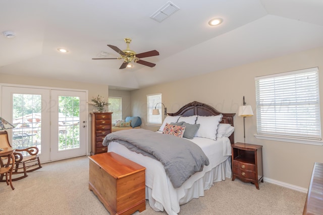 2314 Atkinsen St, Amarillo, TX 79106 - bedroom featuring access to exterior, vaulted ceiling, light colored carpet, ceiling fan, and recessed lighting