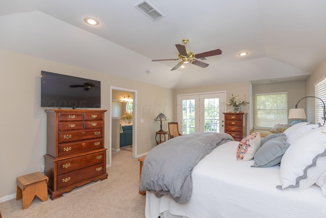 2314 Atkinsen St, Amarillo, TX 79106 - bedroom featuring lofted ceiling, light carpet, access to exterior, recessed lighting, and a ceiling fan