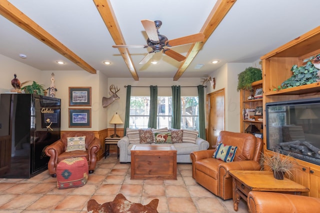 2314 Atkinsen St, Amarillo, TX 79106 - living area with beam ceiling, a ceiling fan, and recessed lighting