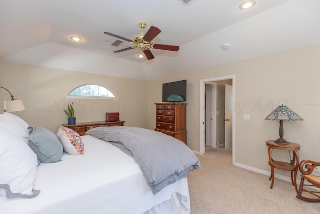 2314 Atkinsen St, Amarillo, TX 79106 - bedroom featuring light colored carpet, recessed lighting, a ceiling fan, and lofted ceiling