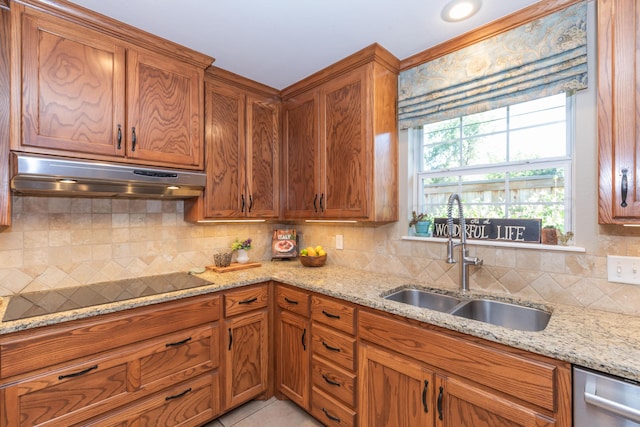 2314 Atkinsen St, Amarillo, TX 79106 - kitchen featuring under cabinet range hood, black electric cooktop, dishwasher, and brown cabinets