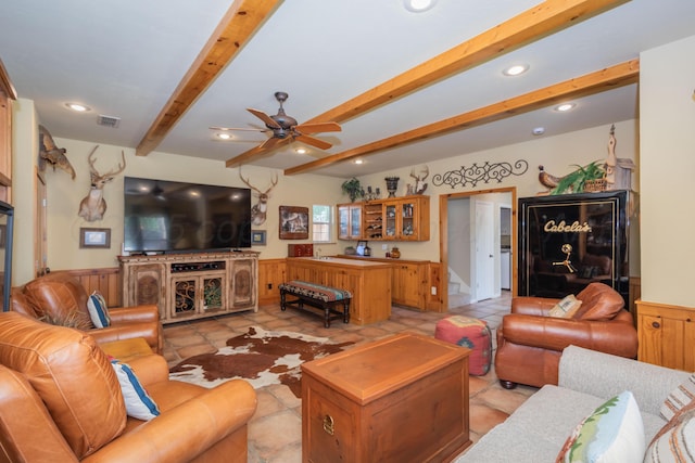 2314 Atkinsen St, Amarillo, TX 79106 - living area featuring a ceiling fan, beam ceiling, recessed lighting, light tile patterned floors, and wainscoting