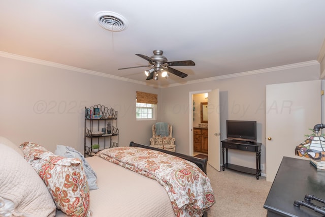 2314 Atkinsen St, Amarillo, TX 79106 - bedroom with crown molding, light colored carpet, and a ceiling fan