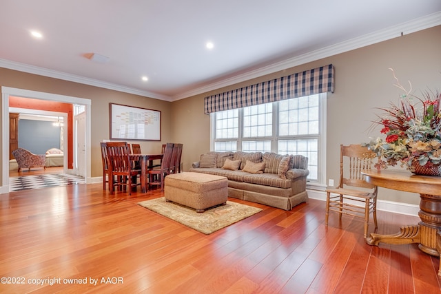 living room featuring hardwood / wood-style floors and crown molding