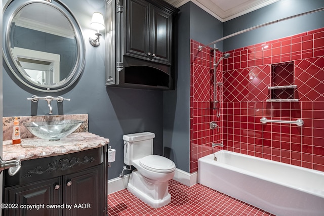 full bathroom featuring tile patterned flooring, vanity, tiled shower / bath combo, and crown molding