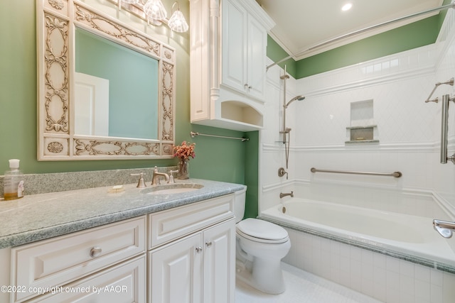 full bathroom with vanity, toilet, tiled shower / bath, and ornamental molding