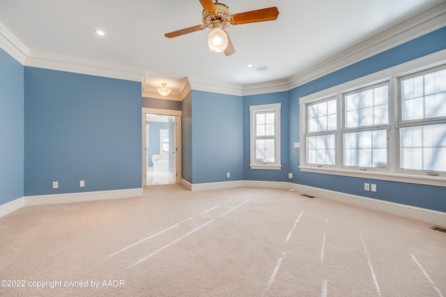 carpeted spare room with ceiling fan and crown molding