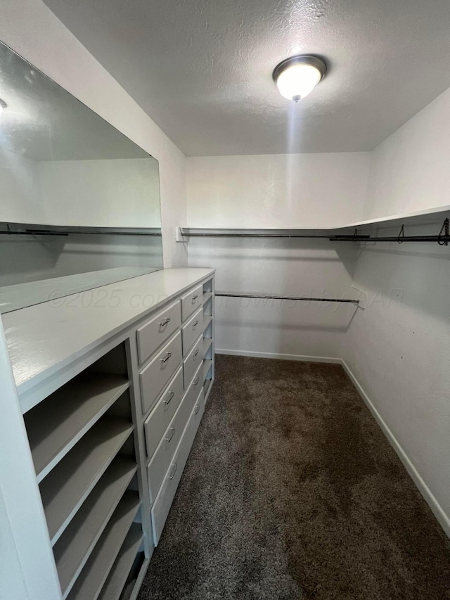 walk in closet with dark carpet