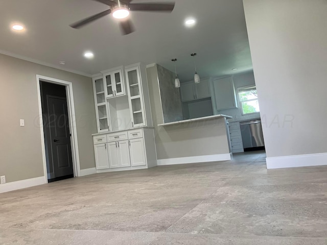 3704 Westlawn Ave, Amarillo, TX 79102 - unfurnished living room with ceiling fan, ornamental molding, and recessed lighting