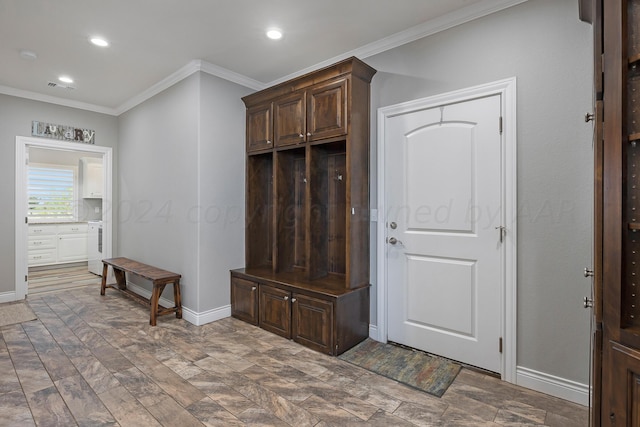 mudroom with dark hardwood / wood-style flooring and ornamental molding