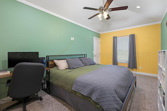 carpeted bedroom featuring ceiling fan and ornamental molding