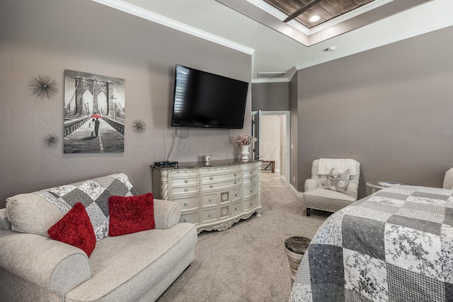 bedroom with light carpet and ornamental molding