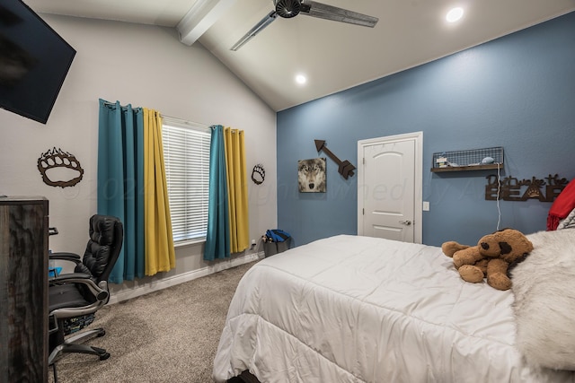 carpeted bedroom featuring vaulted ceiling with beams and ceiling fan