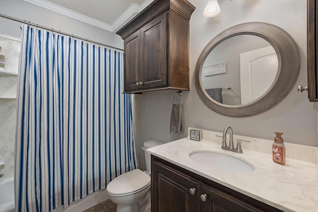 full bathroom with shower / bath combination with curtain, vanity, toilet, and crown molding