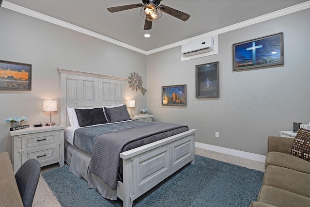 bedroom with ceiling fan, dark carpet, ornamental molding, and a wall unit AC