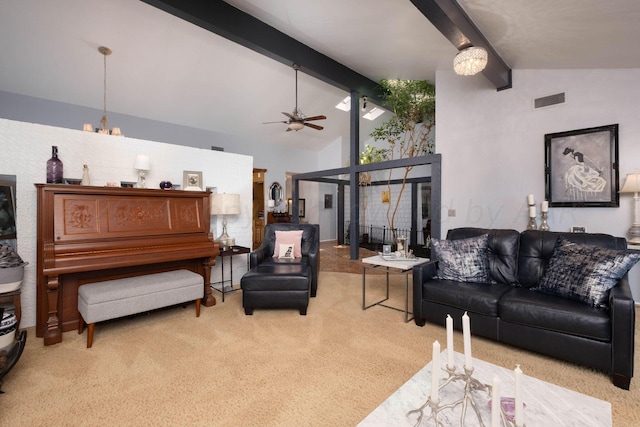 living room featuring lofted ceiling with beams, light carpet, and ceiling fan with notable chandelier