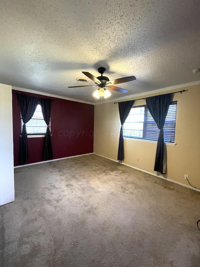 unfurnished room with carpet flooring, plenty of natural light, a textured ceiling, and ceiling fan