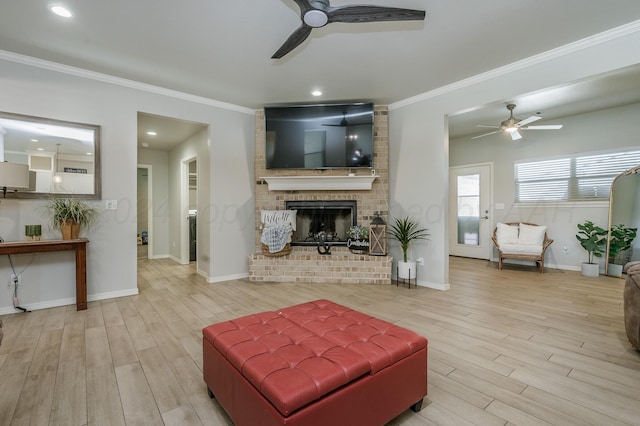 3005 Portland Ave, Amarillo, TX 79118 - living area featuring ceiling fan, wood finished floors, ornamental molding, a brick fireplace, and recessed lighting