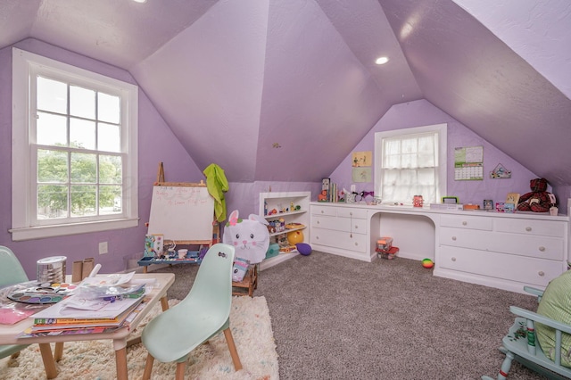 1033 Bowie St, Amarillo, TX 79102 - rec room featuring lofted ceiling, carpet floors, and recessed lighting