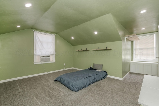 1033 Bowie St, Amarillo, TX 79102 - bedroom featuring carpet flooring, lofted ceiling, baseboards, cooling unit, and recessed lighting