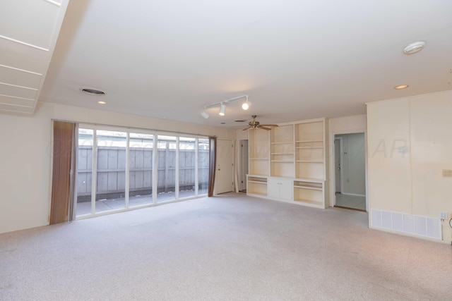 empty room with recessed lighting, light carpet, ceiling fan, and visible vents