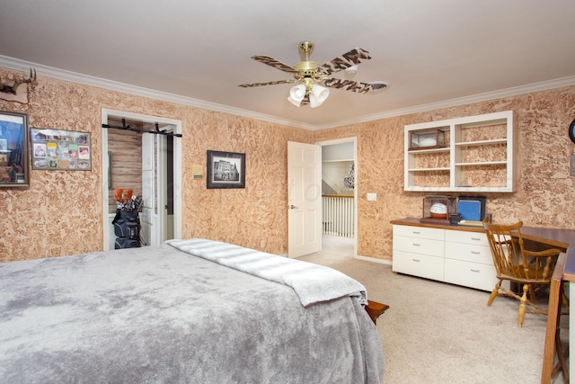 4214 Roxton Dr, Amarillo, TX 79109 - bedroom featuring ornamental molding, light colored carpet, wallpapered walls, an office area, and ceiling fan