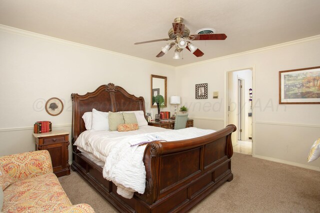 4214 Roxton Dr, Amarillo, TX 79109 - bedroom featuring light colored carpet, crown molding, and a ceiling fan