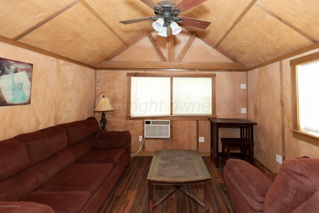 830 Burnett St, Miami, TX 79059 - living room with a wall mounted AC, wood walls, lofted ceiling, ceiling fan, and wood finished floors