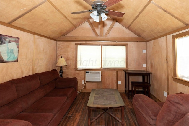 830 Burnett St, Miami, TX 79059 - living area featuring vaulted ceiling, wooden walls, wood finished floors, a wall mounted air conditioner, and ceiling fan