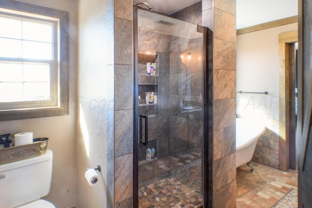 bathroom featuring ornamental molding, a stall shower, and toilet