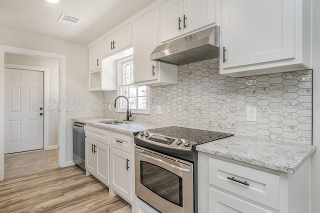 6011 Palmetto Trl, Amarillo, TX 79106 - kitchen featuring appliances with stainless steel finishes, under cabinet range hood, a sink, and white cabinetry