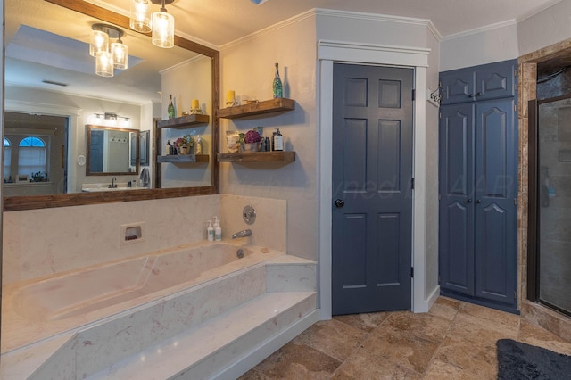 bathroom featuring vanity, plus walk in shower, and crown molding