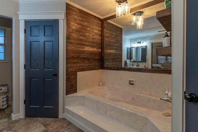 bathroom with wood walls, crown molding, and a bath