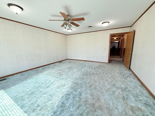 715 Ave P, Sunray, TX 79086 - empty room with crown molding, ceiling fan, carpet, a textured ceiling, and baseboards