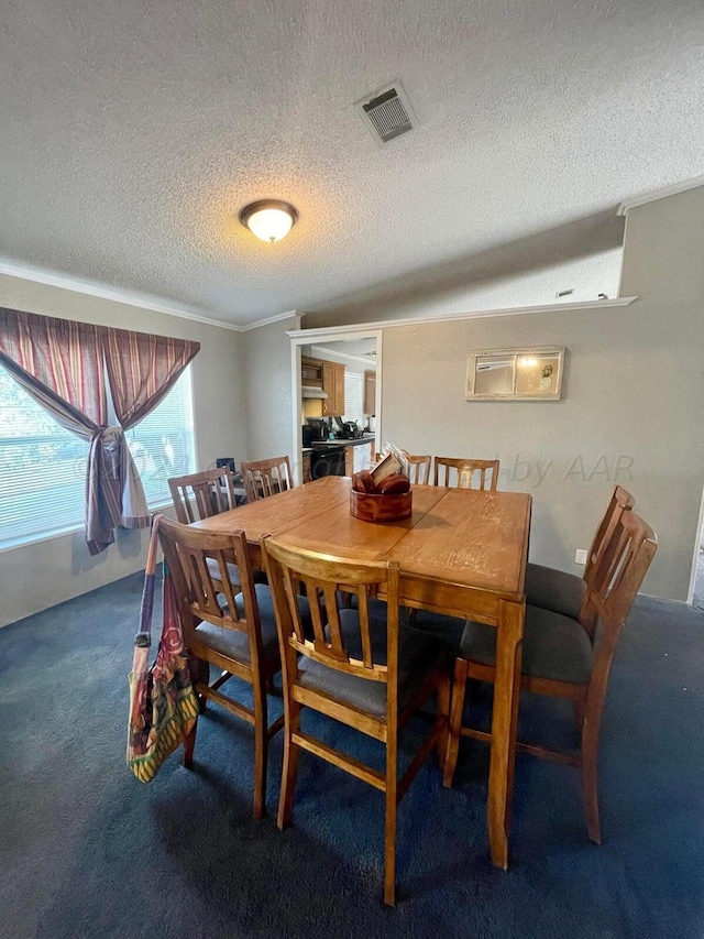 carpeted dining area with a textured ceiling