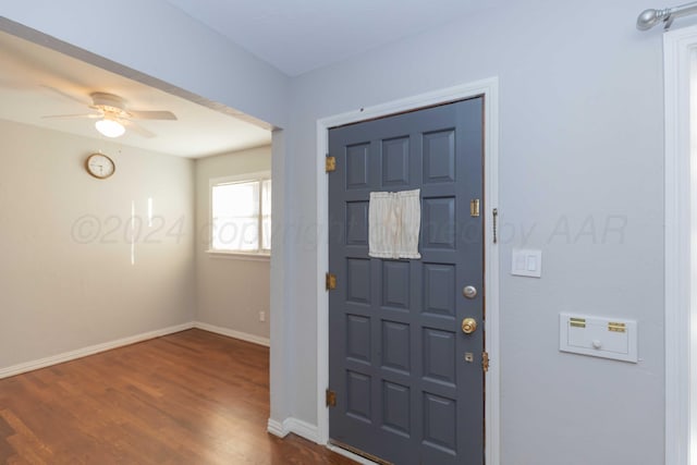 entrance foyer with ceiling fan and dark wood-type flooring