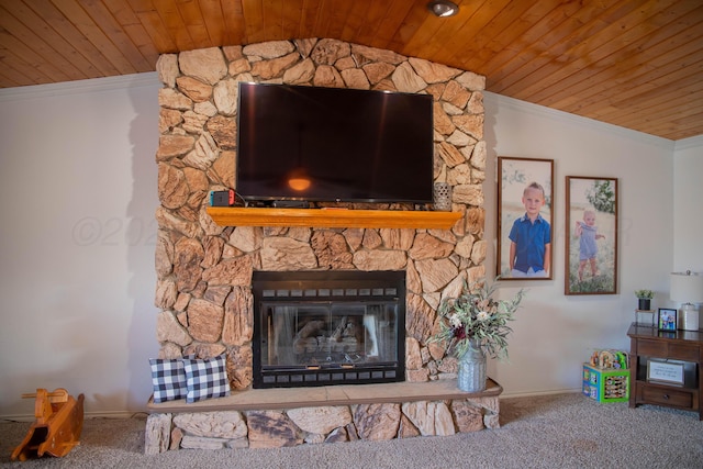 room details with crown molding, a stone fireplace, carpet, wooden ceiling, and baseboards