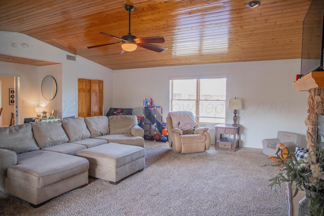 living area featuring ceiling fan, carpet floors, wooden ceiling, lofted ceiling, and visible vents