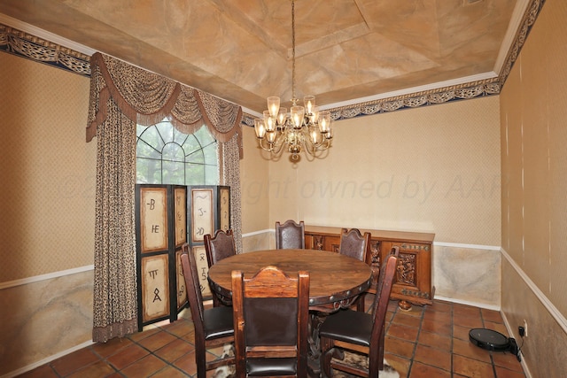 2604 Hawthorne Dr, Amarillo, TX 79109 - tiled dining space with a chandelier, wallpapered walls, and crown molding