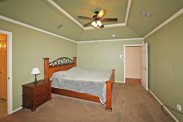 2604 Hawthorne Dr, Amarillo, TX 79109 - carpeted bedroom with crown molding, a raised ceiling, lofted ceiling, baseboards, and a ceiling fan
