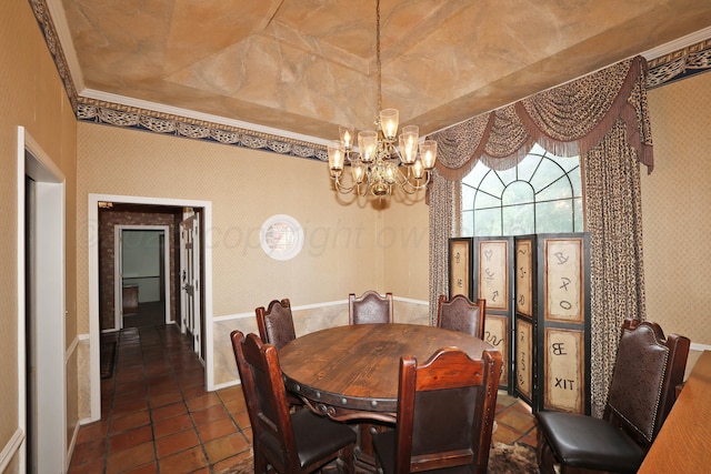 2604 Hawthorne Dr, Amarillo, TX 79109 - dining room with a chandelier, ornamental molding, wallpapered walls, and dark tile patterned flooring