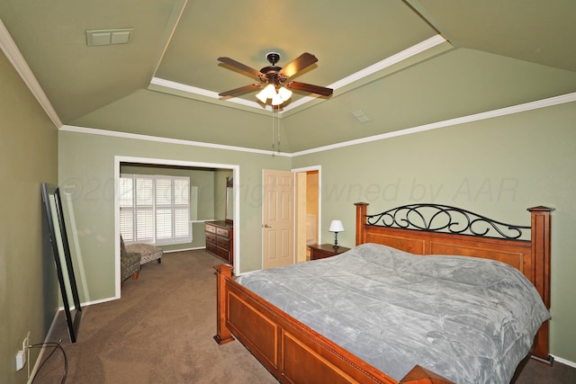 2604 Hawthorne Dr, Amarillo, TX 79109 - carpeted bedroom featuring lofted ceiling, a ceiling fan, ornamental molding, baseboards, and a tray ceiling