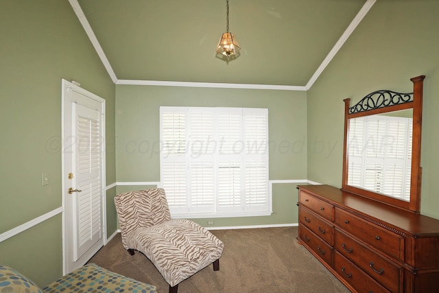 2604 Hawthorne Dr, Amarillo, TX 79109 - sitting room featuring plenty of natural light, vaulted ceiling, ornamental molding, carpet floors, and baseboards