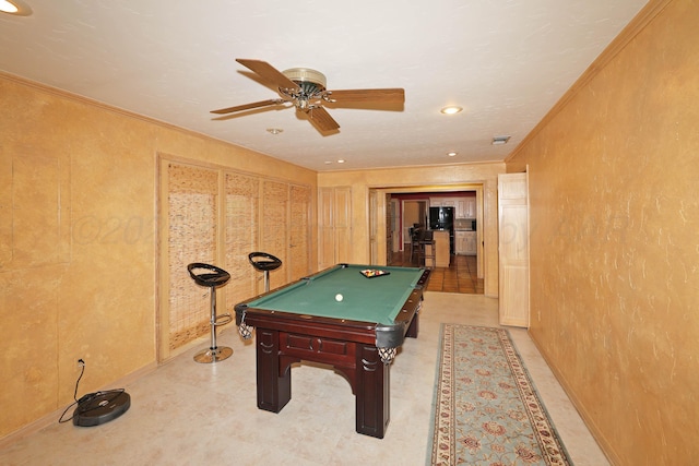 2604 Hawthorne Dr, Amarillo, TX 79109 - playroom with billiards table, a ceiling fan, ornamental molding, a textured wall, and light floors