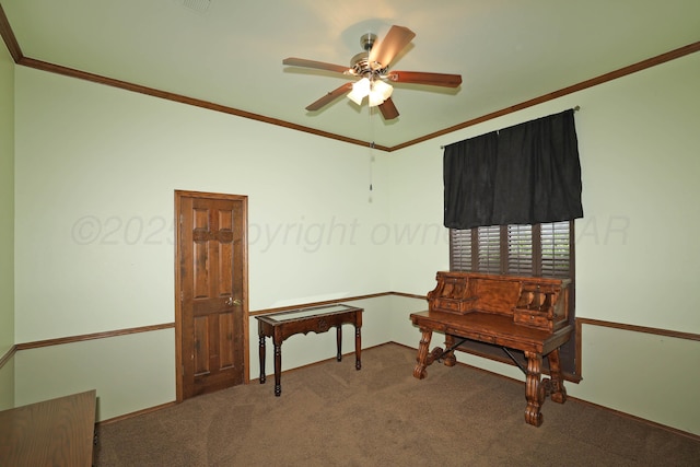 2604 Hawthorne Dr, Amarillo, TX 79109 - carpeted office space with ceiling fan, crown molding, and baseboards