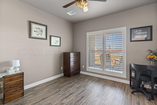 office space featuring wood-type flooring and ceiling fan